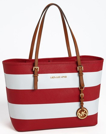 Michael Kors red and white striped tote bag